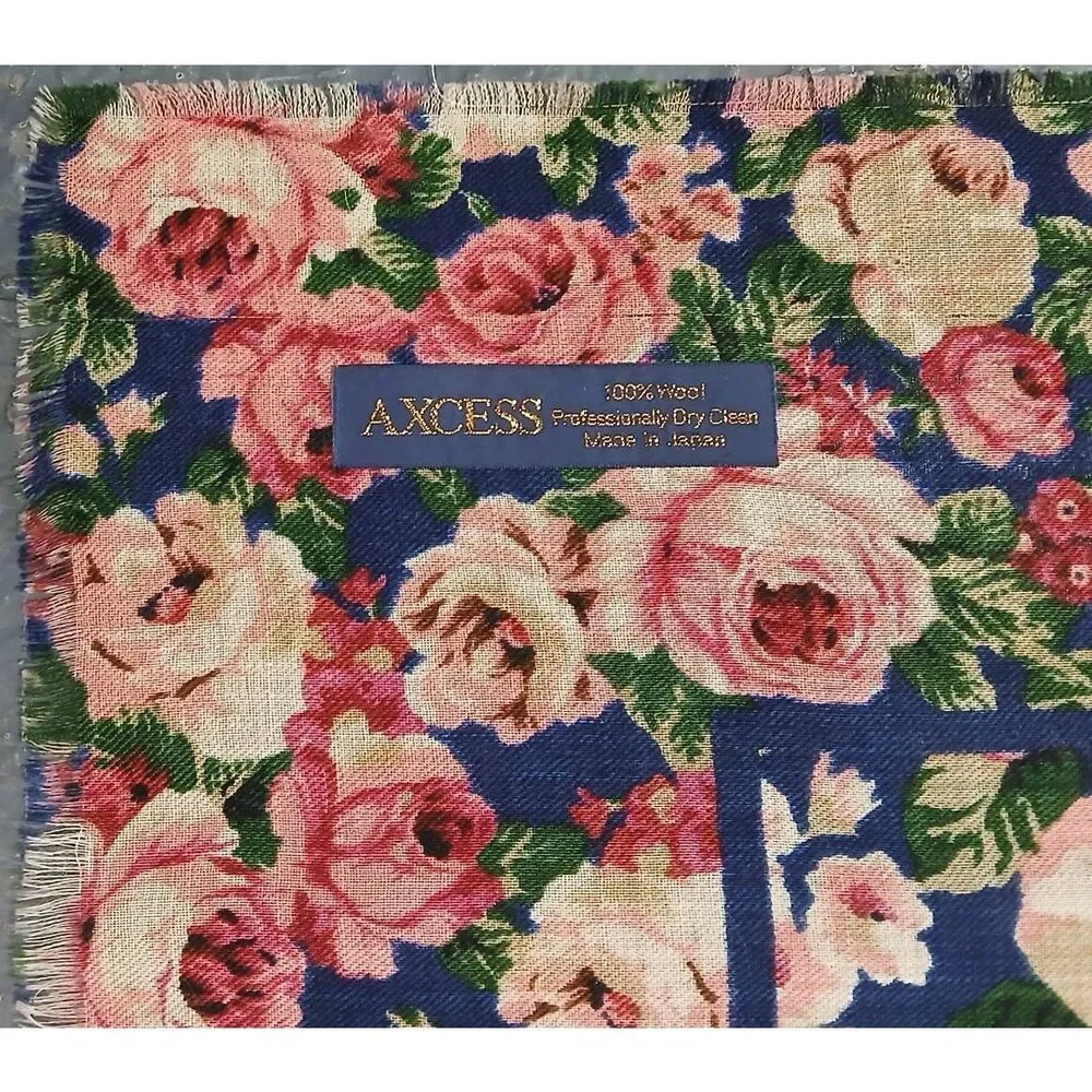 Axcess womens vintage Japanese fine wool square scarf floral pink blue